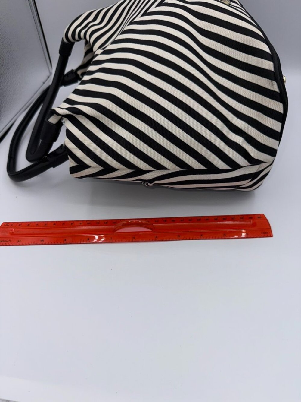 Kate Spade Black White Canvas Striped Bow Handbag Purse Classic Chic - Picture 13 of 16